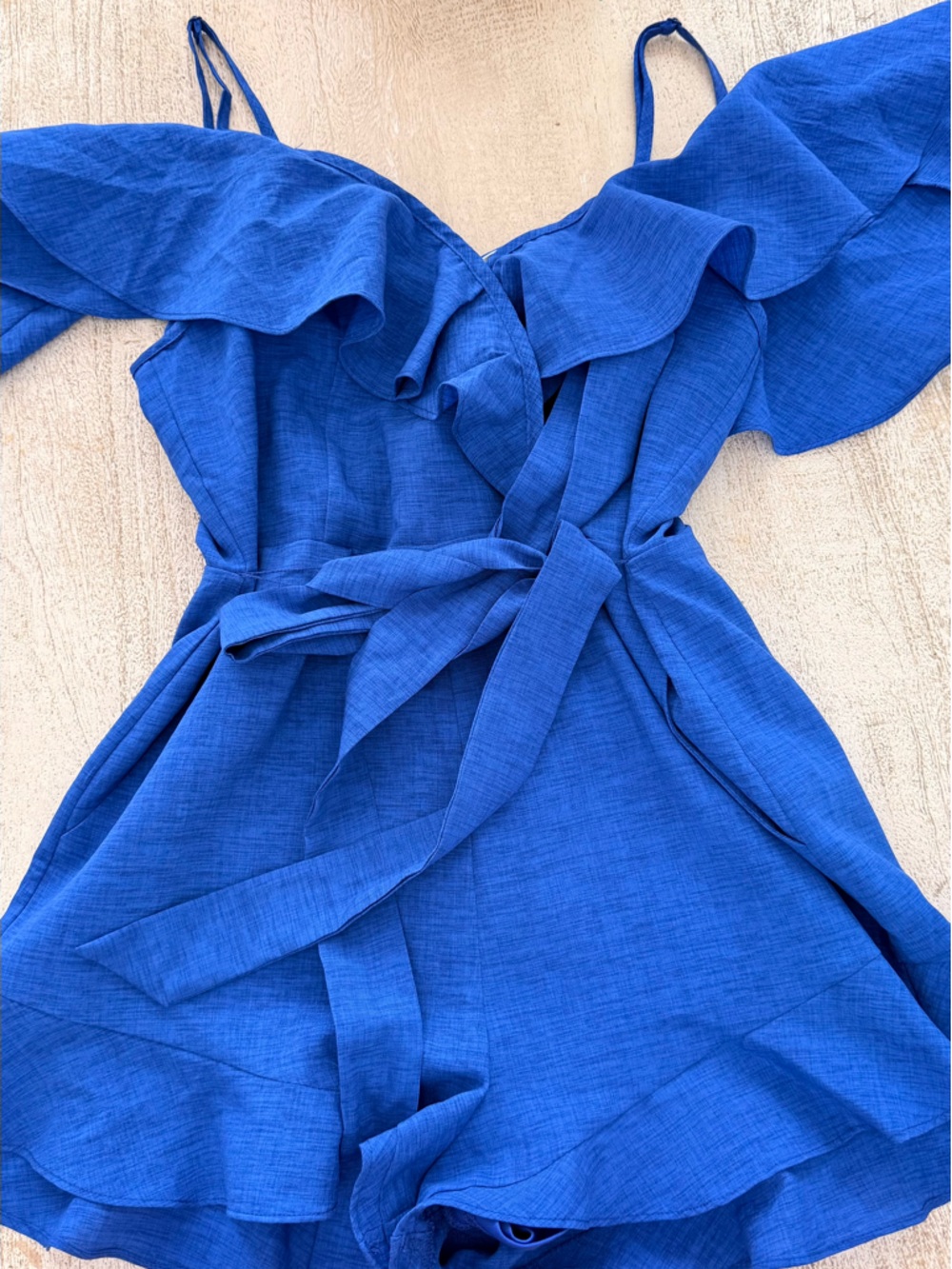 Blue Wrap-Style ruffled romper